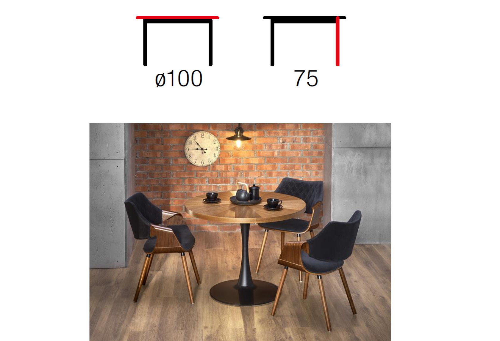 okrągły stół w okleinie naturalnej carmelo, stół i krzesła, wymiary